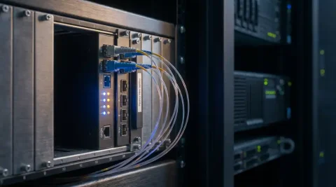 GPON optische netwerkterminal en fibersplitter in serverrack met dunne glasvezelkabels en blauwe en oranje indicatielampjes.
