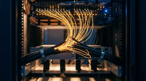 Glasvezelkabel die zich vertakt in lichtgevende strengen in een serverrack, omgeven door patchpanelen en kabelmanagement.