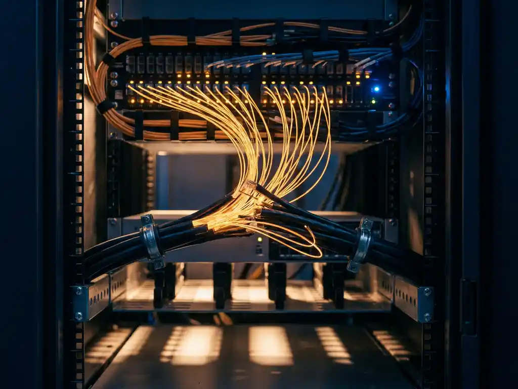 Glasvezelkabel die zich vertakt in lichtgevende strengen in een serverrack, omgeven door patchpanelen en kabelmanagement.