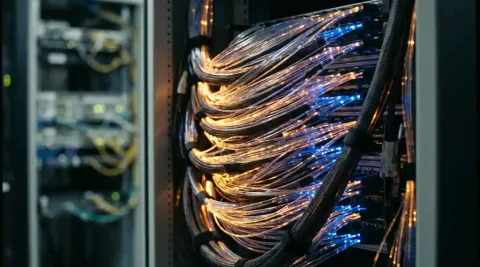 Bundel glasvezelkabels met amber en blauwe lichtpulsen in een professionele serverrack, close-up met ondiepe scherptediepte.