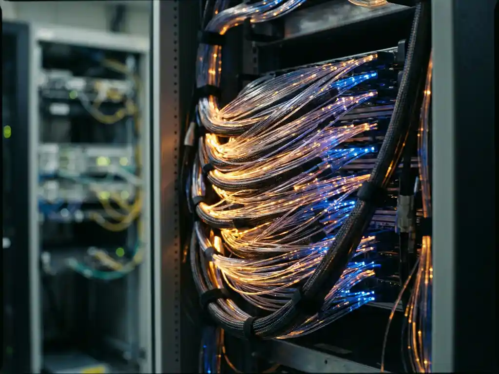 Bundel glasvezelkabels met amber en blauwe lichtpulsen in een professionele serverrack, close-up met ondiepe scherptediepte.