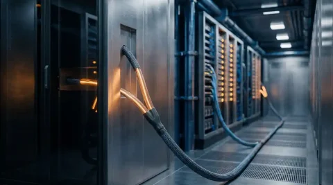 Glasvezelkabel die zich splitst naar een privé-serverrack en gedeelde infrastructuur in een modern datacenter.