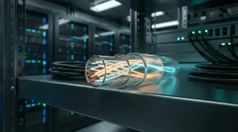 Doorsnede van een glasvezelkabel met amber en cyaan lichtgolflengten op donker geborsteld metaaloppervlak.