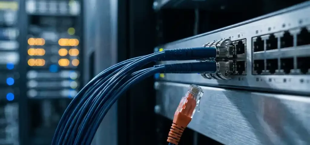Losgekoppelde glasvezelkabel hangend aan een enterprise-netwerkswitch, met gloeiende serverracks op de achtergrond en oranje waarschuwingslicht.