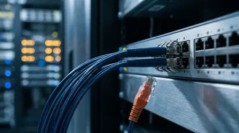 Losgekoppelde glasvezelkabel hangend aan een enterprise-netwerkswitch, met gloeiende serverracks op de achtergrond en oranje waarschuwingslicht.