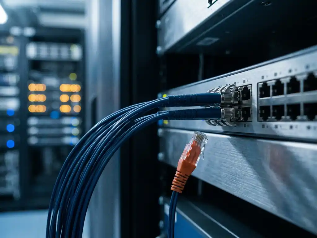 Losgekoppelde glasvezelkabel hangend aan een enterprise-netwerkswitch, met gloeiende serverracks op de achtergrond en oranje waarschuwingslicht.