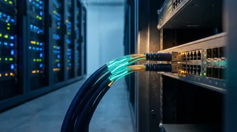 Glasvezelkabelbundel aangesloten op een rack-mounted netwerkswitch in een datacentergang met knipperende serverlichten op de achtergrond.