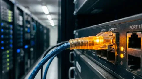 Glasvezelkabel aangesloten op een rack-mounted netwerkswitch met oranje signaallamp, serverkasten op de achtergrond.