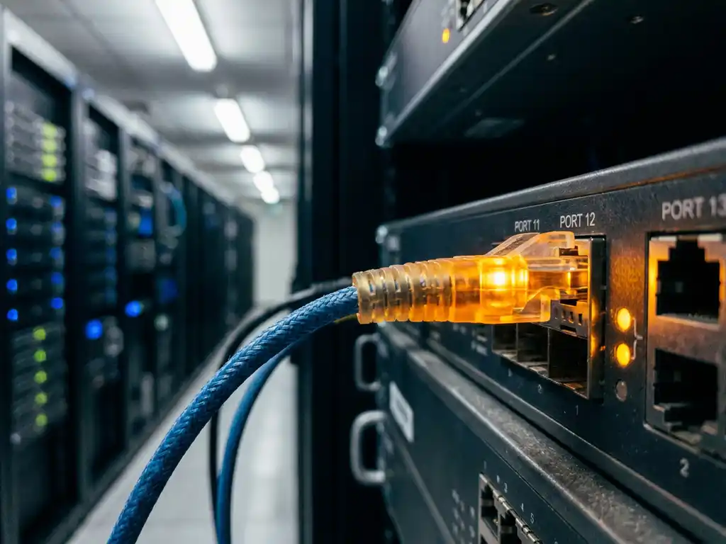 Glasvezelkabel aangesloten op een rack-mounted netwerkswitch met oranje signaallamp, serverkasten op de achtergrond.