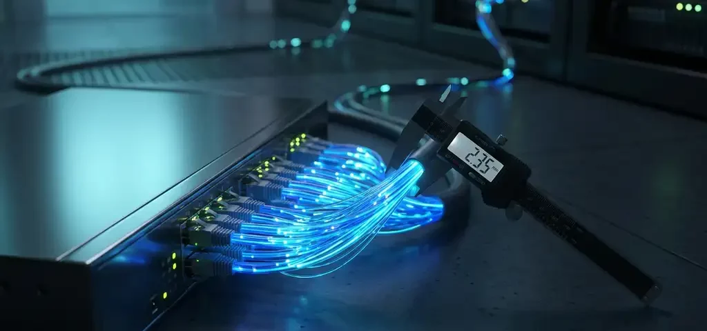 Verlichte glasvezelkabelbundel aangesloten op een netwerkswitch, gemeten met digitale schuifmaat in donkere serverruimte.