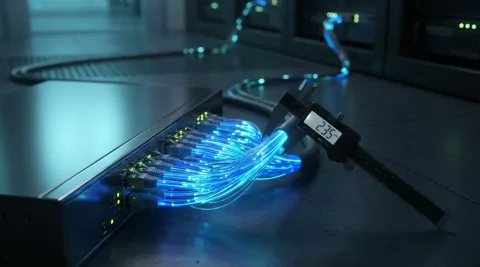 Verlichte glasvezelkabelbundel aangesloten op een netwerkswitch, gemeten met digitale schuifmaat in donkere serverruimte.