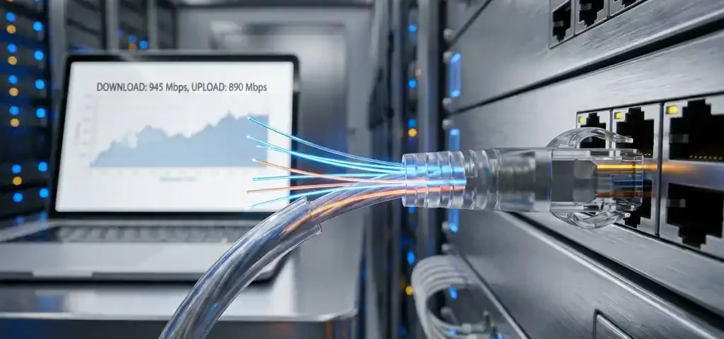Glasvezelkabel aangesloten op een professionele netwerkswitch met gloeiende lichtstranden aan de connector, laptopscherm op achtergrond.