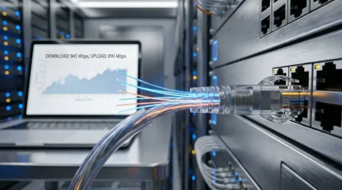 Glasvezelkabel aangesloten op een professionele netwerkswitch met gloeiende lichtstranden aan de connector, laptopscherm op achtergrond.