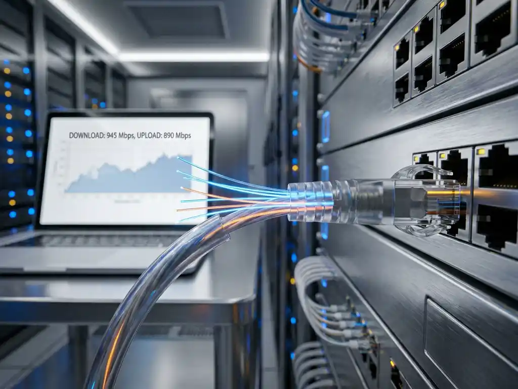 Glasvezelkabel aangesloten op een professionele netwerkswitch met gloeiende lichtstranden aan de connector, laptopscherm op achtergrond.
