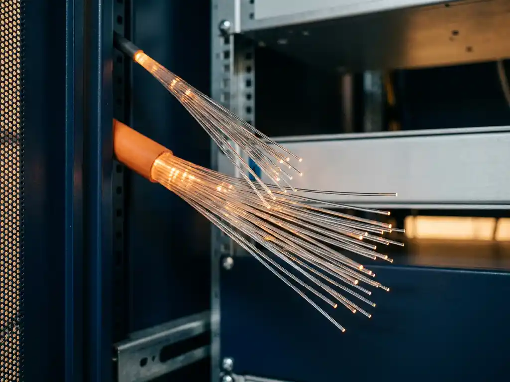 Oranje glasvezelkabel die opsplitst in meerdere dunne glasvezels in een professionele netwerkkast, met zichtbare lichtpulsen.