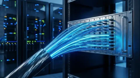 Glasvezelkabelbundel die zich splitst in meerdere lichtgevende strengen, aangesloten op een patchpanel in een donkere serverruimte.