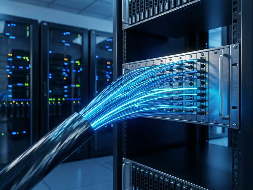 Glasvezelkabelbundel die zich splitst in meerdere lichtgevende strengen, aangesloten op een patchpanel in een donkere serverruimte.