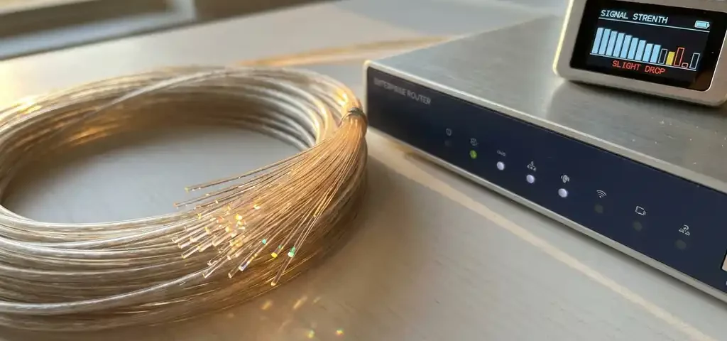 Glasvezelkabel naast enterprise-router op wit bureau, licht dat regenboogglinstering door blootgestelde glasvezels weerkaatst.