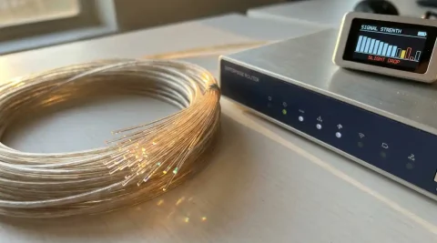 Glasvezelkabel naast enterprise-router op wit bureau, licht dat regenboogglinstering door blootgestelde glasvezels weerkaatst.