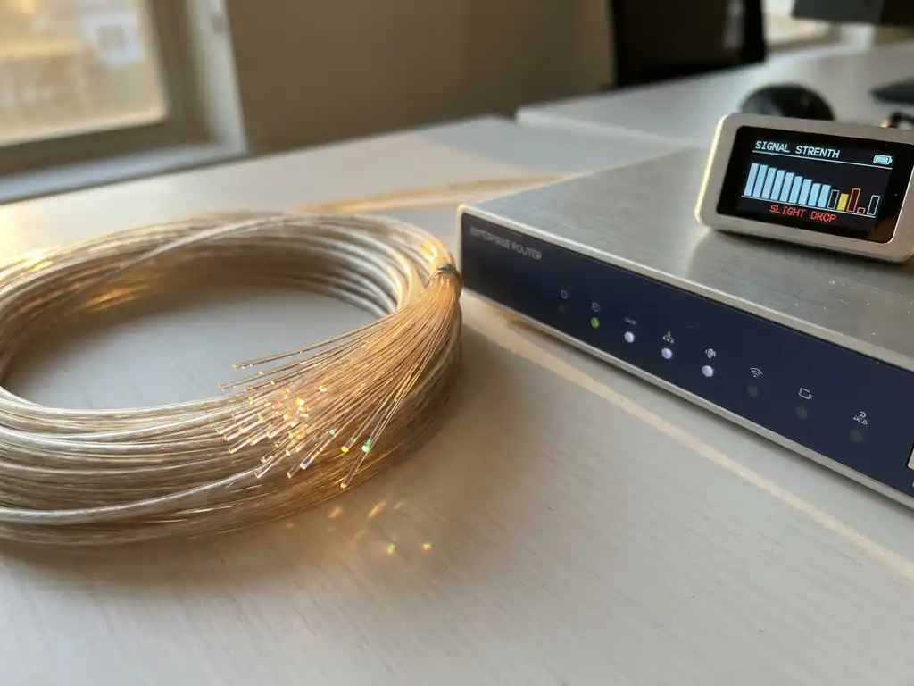 Glasvezelkabel naast enterprise-router op wit bureau, licht dat regenboogglinstering door blootgestelde glasvezels weerkaatst.