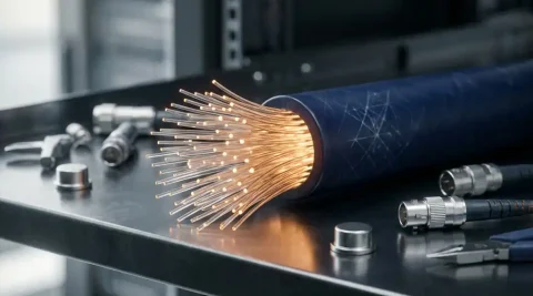 Gesplitst glasvezelkabelbundel met tientallen gloeiende glasvezels op donker stalen serverrek, omringd door precisieconnectoren.