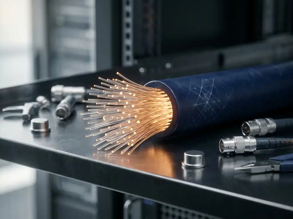 Gesplitst glasvezelkabelbundel met tientallen gloeiende glasvezels op donker stalen serverrek, omringd door precisieconnectoren.