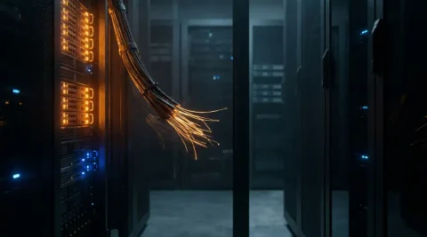 Doorgesneden glasvezelkabel hangt tussen twee serverracks, één verlicht met amber gloed, de ander donker en inactief.