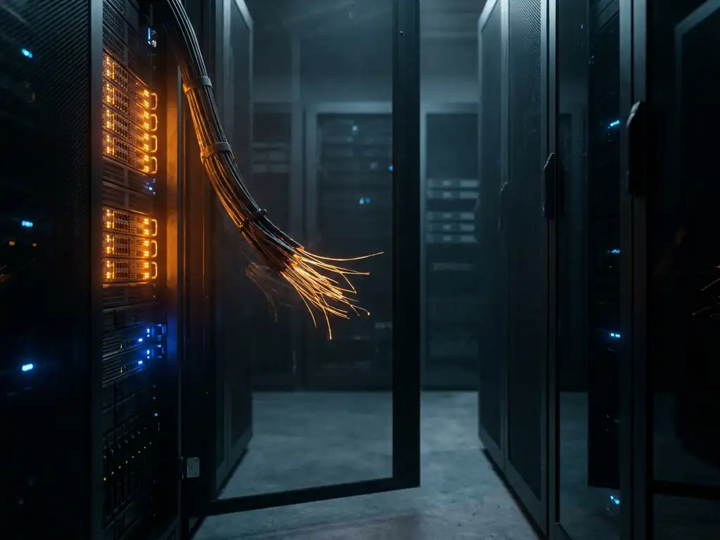 Doorgesneden glasvezelkabel hangt tussen twee serverracks, één verlicht met amber gloed, de ander donker en inactief.