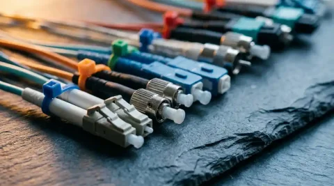 Rij glasvezelkabels met verschillende connectortypes op donker leisteen, verlicht met koel blauw en warm amber licht.