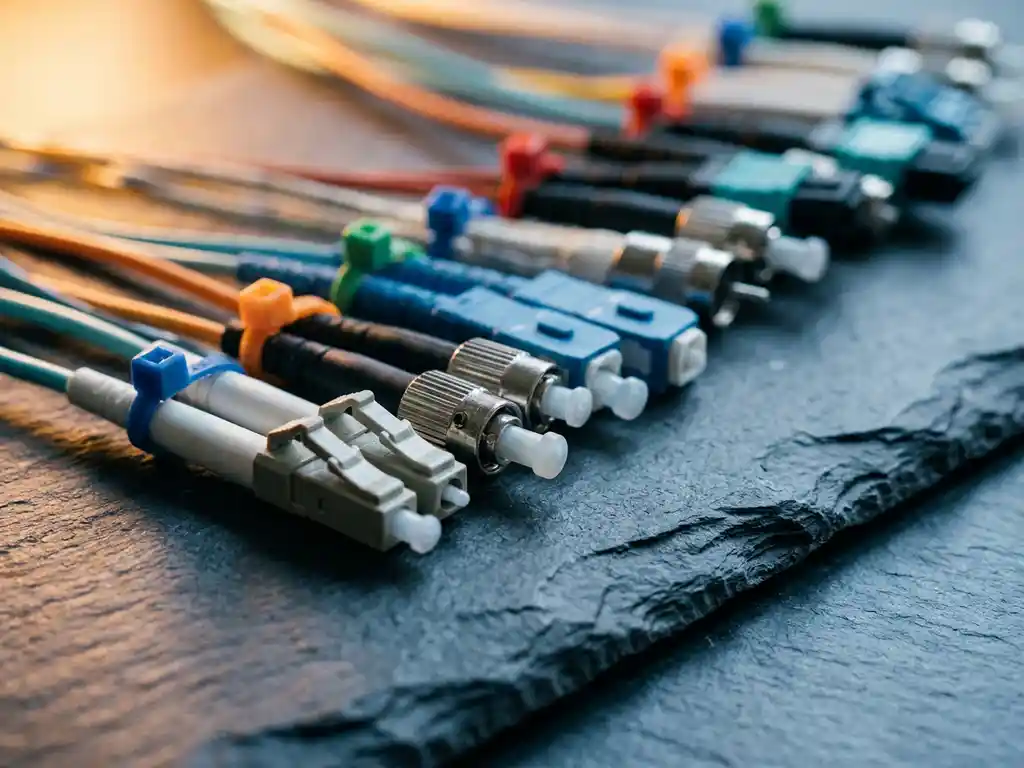 Rij glasvezelkabels met verschillende connectortypes op donker leisteen, verlicht met koel blauw en warm amber licht.