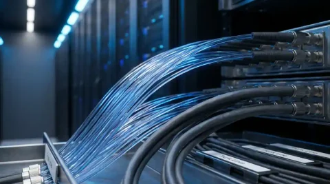 Glasvezelkabels die opsplitsen in dikke trunklijnen in een datacenter, met blauw omgevingslicht en serverracks op de achtergrond.