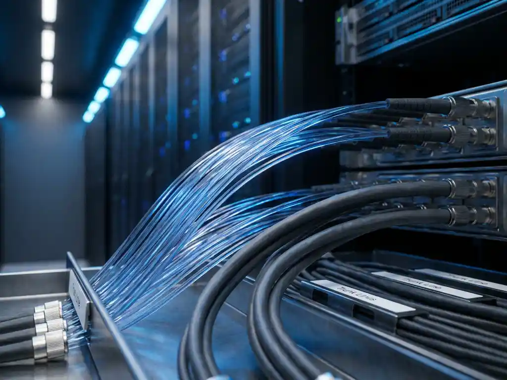 Glasvezelkabels die opsplitsen in dikke trunklijnen in een datacenter, met blauw omgevingslicht en serverracks op de achtergrond.