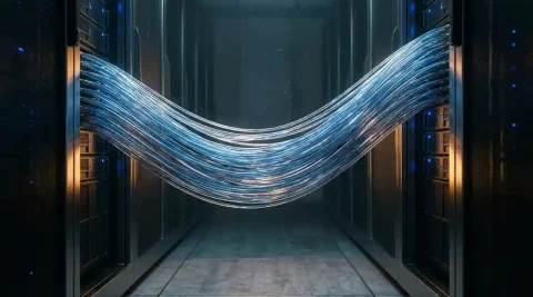 Bundel glasvezelkabels tussen twee serverkasten in een donkere datacentergang met blauw en amber licht.