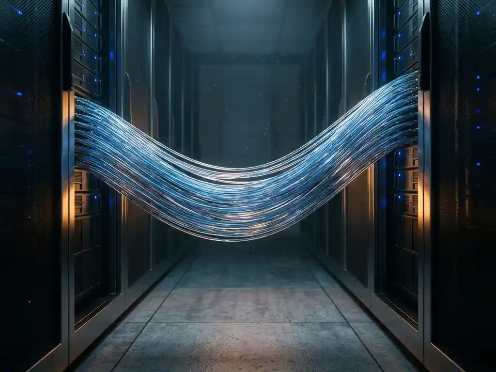 Bundel glasvezelkabels tussen twee serverkasten in een donkere datacentergang met blauw en amber licht.