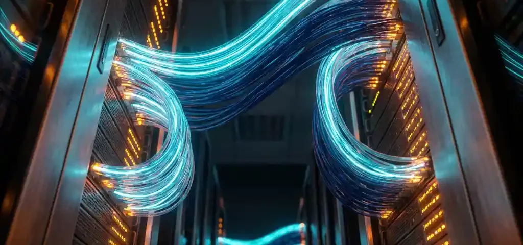 Glasvezelkabels verbinden twee serverracks in een donkere datacentergang, met gloeiende cyaanblauwe lichtstralen en amberkleurige rackverlichting.