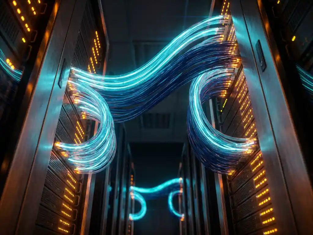 Glasvezelkabels verbinden twee serverracks in een donkere datacentergang, met gloeiende cyaanblauwe lichtstralen en amberkleurige rackverlichting.