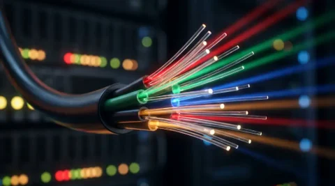 Bundel glasvezelkabels die uiteenloopt in rode, groene, blauwe en ambergele lichtstralen in een donkere serverruimte.