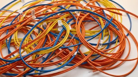 Kleurrijke glasvezelkabels in oranje, blauw en geel met kleine labels, bovenaanzicht op wit oppervlak met zachte studioverlichting.