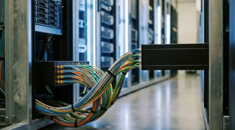 Kleurrijke glasvezelkabels gebundeld in een zwart patchpanel in een datacentergang met verlichte serverracks op de achtergrond.