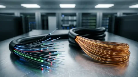 Bundel glasvezelkabels gesplitst in twee groepen op stalen serverrek, met kleurgecodeerde golflengtebanden en zacht lichtschijnsel door de vezels.
