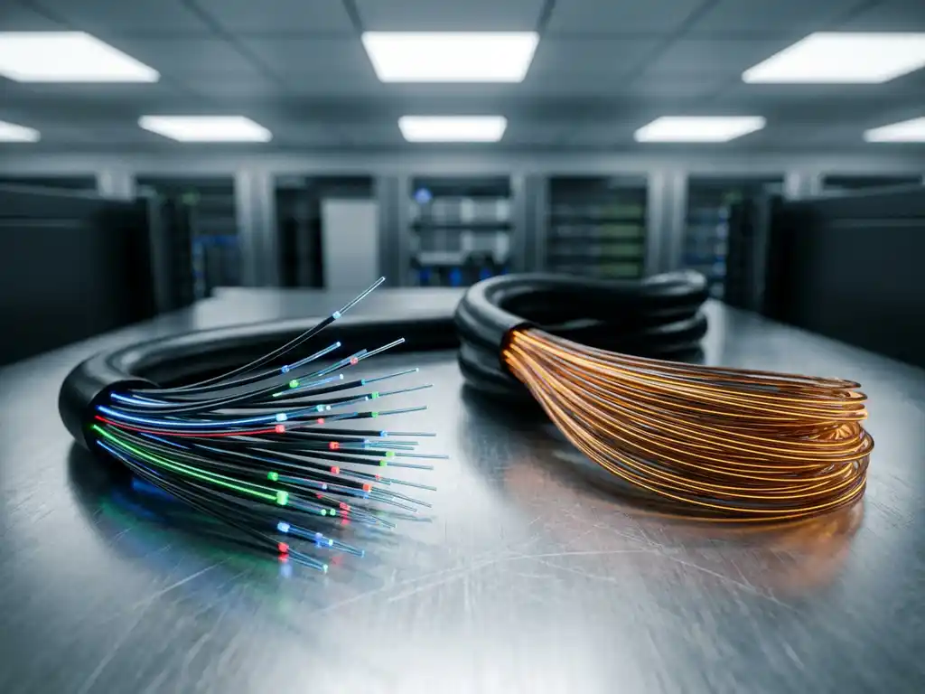 Bundel glasvezelkabels gesplitst in twee groepen op stalen serverrek, met kleurgecodeerde golflengtebanden en zacht lichtschijnsel door de vezels.