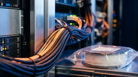 Bundel glasvezelkabels met amberkleurig en blauw licht in een donkere serverruimte, naast een ongebruikte glasvezelspoel in verpakking.