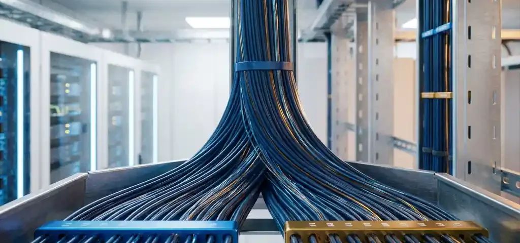 Bundel glasvezelkabels die zich splitst in twee georganiseerde groepen in een serverruimte, verlicht met blauw en amber licht.