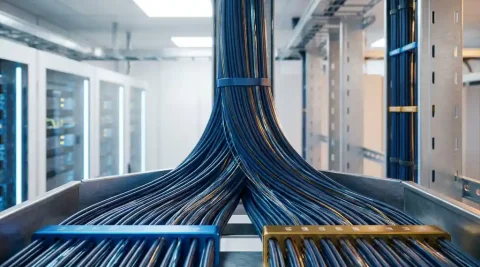 Bundel glasvezelkabels die zich splitst in twee georganiseerde groepen in een serverruimte, verlicht met blauw en amber licht.