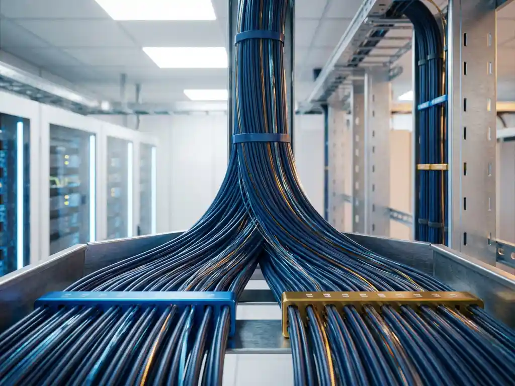 Bundel glasvezelkabels die zich splitst in twee georganiseerde groepen in een serverruimte, verlicht met blauw en amber licht.