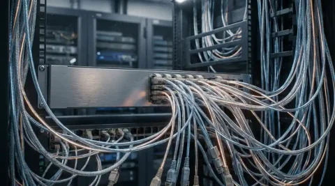 Glasvezelkabels vertakken zich vanuit een rack-switch in een serverruimte, met gloeiende lichtstrepen in staal-blauwe en amberkleurige tinten.