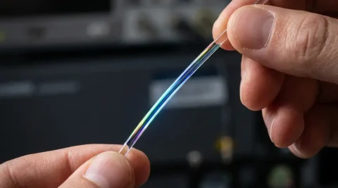 Glasvezelstreng tussen twee vingers met prismatisch lichtspectrum zichtbaar in de kern, macro-opname op donkere laboratoriumachtergrond.