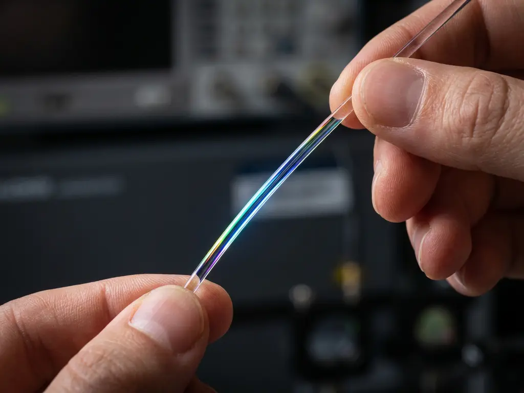 Glasvezelstreng tussen twee vingers met prismatisch lichtspectrum zichtbaar in de kern, macro-opname op donkere laboratoriumachtergrond.