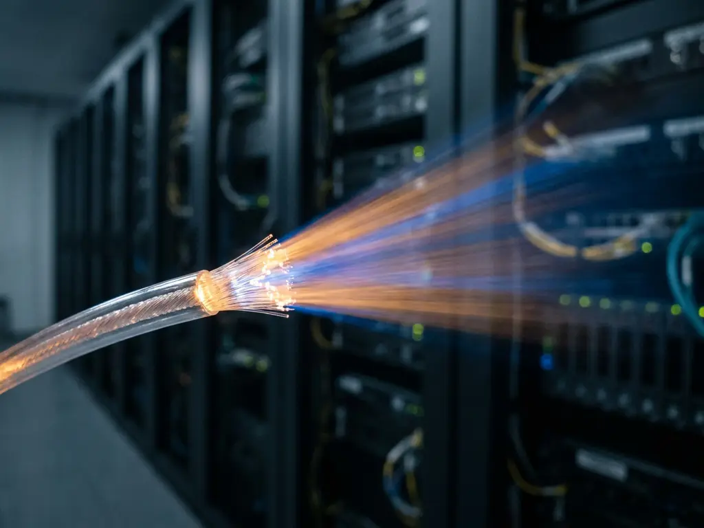 Gloeiende glasvezelkabel die licht breekt in een blauw-amber straal in een donkere serverruimte, met zichtbare glaskerntextuur.