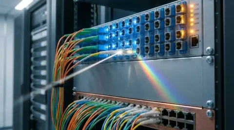 Glasvezel patchpanel in serverrack met gekleurde fiberkabels verbonden aan koperen ethernet-infrastructuur, prismatisch lichtspectrum zichtbaar in glasvezel.